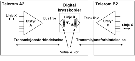 Trekantene representerer n antall lokalporter og 1 stk. overordnet port. Lokalportene har relasjon mot overordnet port.