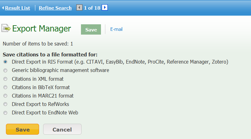 Ebsco Overføre en enkelt referanse 1. Utfør søk 2. Klikk på tittelen du ønsker å eksportere 3. Klikk på "Export to bibliographic manager" 4.