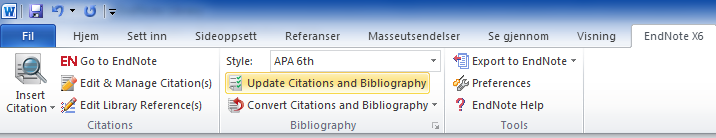 5. Word og EndNote EndNotes verktøylinje, «cite while you write» (CWYW) i Word eller Open Office Writer, hjelper deg med å sette inn henvisninger (citations) i din tekst, hentet