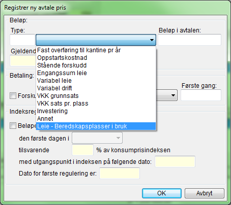 NB. Prisene og registrering her skal kun gi en samlet total kostnad dersom opsjonene tas i bruk. Nedtrekks menyen vil ikke alltid være optimalt for prisregistrering av opsjonsplassene.