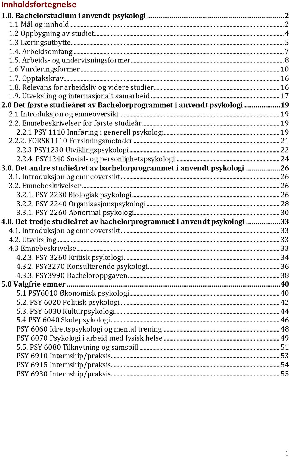 0 Det første studieåret av Bachelorprogrammet i anvendt psykologi...19 2.1 Introduksjon og emneoversikt... 19 2.2. Emnebeskrivelser for første studieår... 19 2.2.1 PSY 1110 Innføring i generell psykologi.