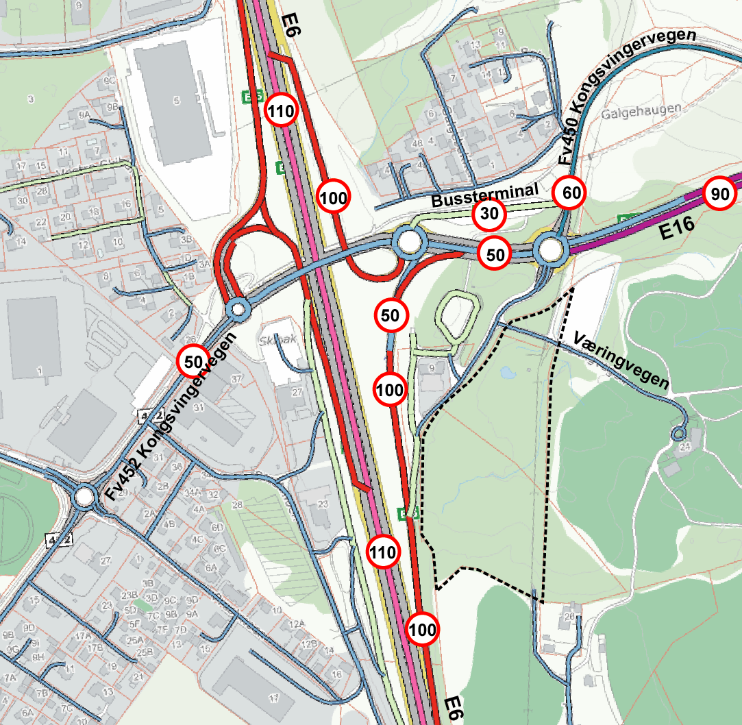 Kløfta Trafikkanalyse Side 8 Fartsgrenser (figur 3) E6 har fartsgrense på 110 km/t, mens fartsgrensen langs E16 er 90 km/t øst for krysset med E6 og 50 km/t gjennom krysset med E6.