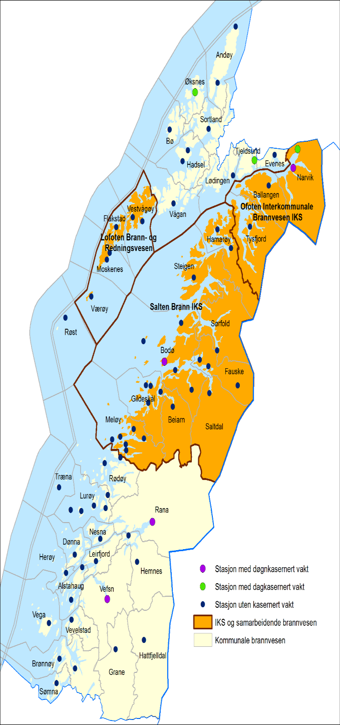 Nordland politidistrikt/ny brannregion Samlet areal (fastland og øyer): 38 481 km 2 Innbyggertall: 242 069 Antall kommuner: 44 Høyest og lavest befolkede kommune: Bodø: 50185 innbyggere Træna: 510