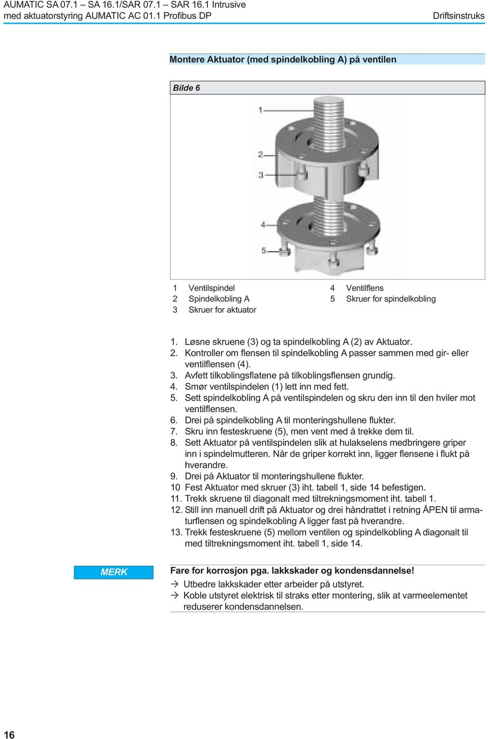 Løsne skruene (3) og ta spindelkobling A (2) av Aktuator. 2. Kontroller om flensen til spindelkobling A passer sammen med gir- eller ventilflensen (4). 3.