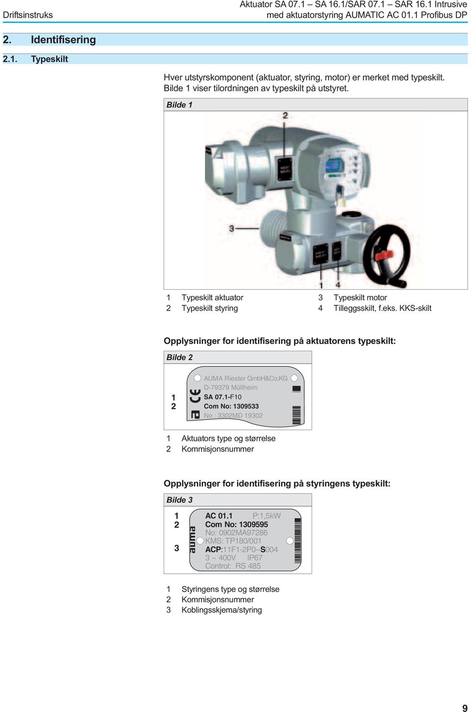 KKS-skilt Opplysninger for identifisering på aktuatorens typeskilt: Bilde 2 1 2 CC AUMA Riester GmbH&Co.KG D-79379 Müllheim SA 07.