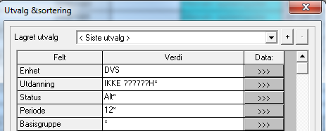 Dette utvalget skal gi oversikt over elever som er registrert i 12-13/SLUTT og som allerede er overført til Vigo. Alle andre skal ha J i feltet Til Vigo.