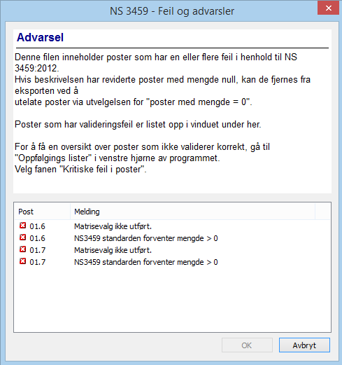 Du må velge om du vil eksportere til NS3459:2012 eller eldre utg. 3 NS3459:2009.