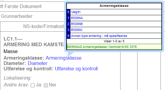 Gjør valg i spesifikasjonsmatrisene Matrisevalgene kan enten gjøres ved å sette kryss i tabellen, eller rett og slett peke på de blå tekstene Du får da opp de samme tabellene som de du før måtte