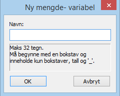 Sletter markert mengdevariabel Som du ser av de andre verktøyknappene i vinduet er det mulig å lagre et sett med mengdevariabler til en fil og hente dem inn igjen (f. eks i en annen beskrivelse).