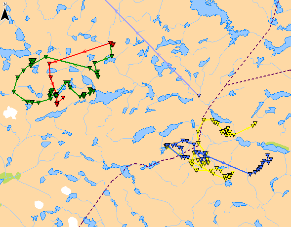 GPS-merkede simler perioden 1. 7. oktober 2015 (det mangler posisjoner for de fleste simlene i denne perioden pga.