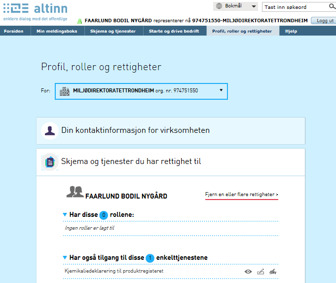 1.3 Hvordan sjekke tildelte rettigheter i Altinn Dersom du har fått rettigheter i Altinn, men allikevel har problemer med å komme inn kan du sjekke om du har fått rettigheter for underenheten til