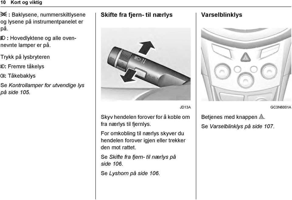 Skifte fra fjern- til nærlys Varselblinklys JD13A Skyv hendelen forover for å koble om fra nærlys til fjernlys.