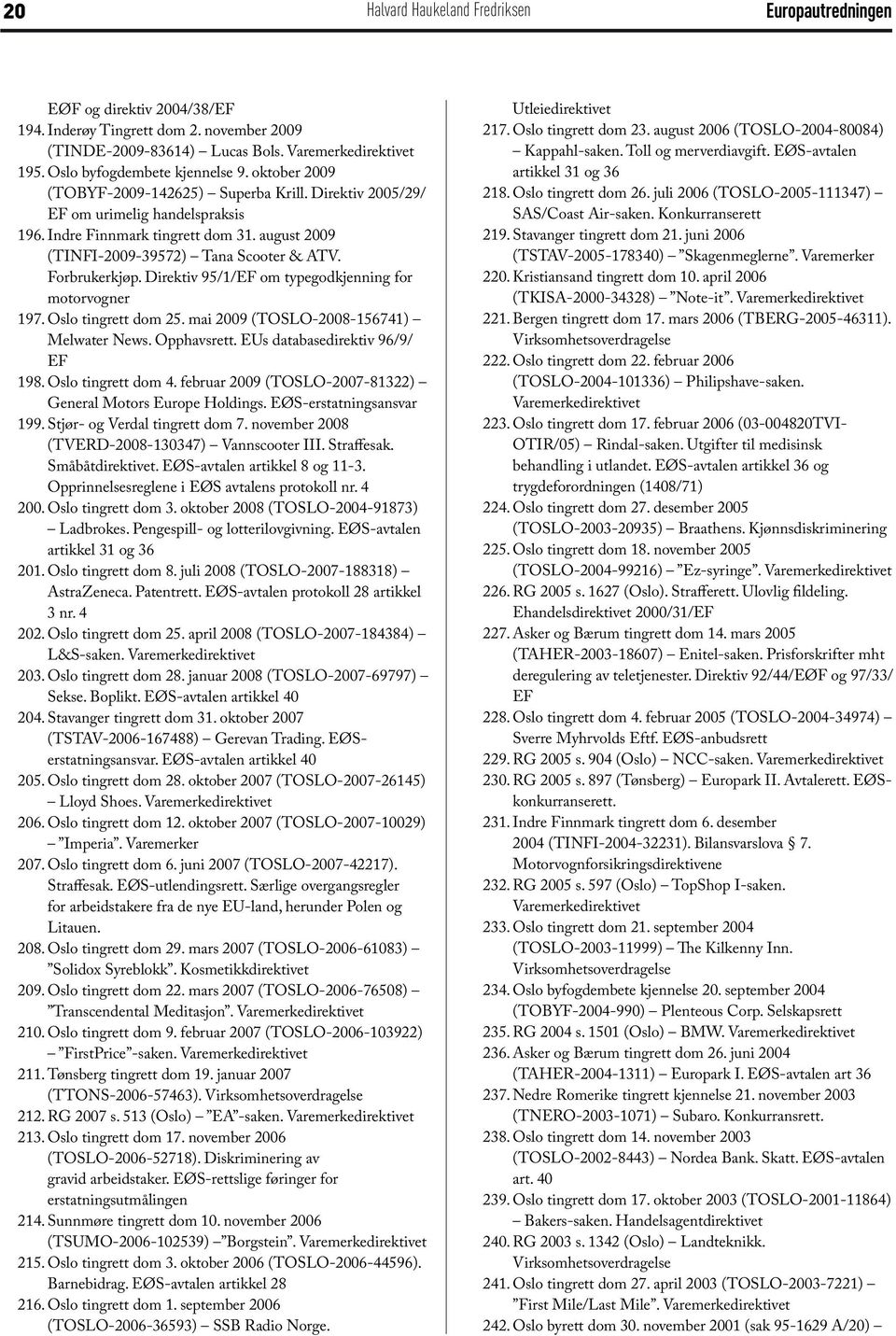 Direktiv 95/1/EF om typegodkjenning for motorvogner 197. Oslo tingrett dom 25. mai 2009 (TOSLO-2008-156741) Melwater News. Opphavsrett. EUs databasedirektiv 96/9/ EF 198. Oslo tingrett dom 4.