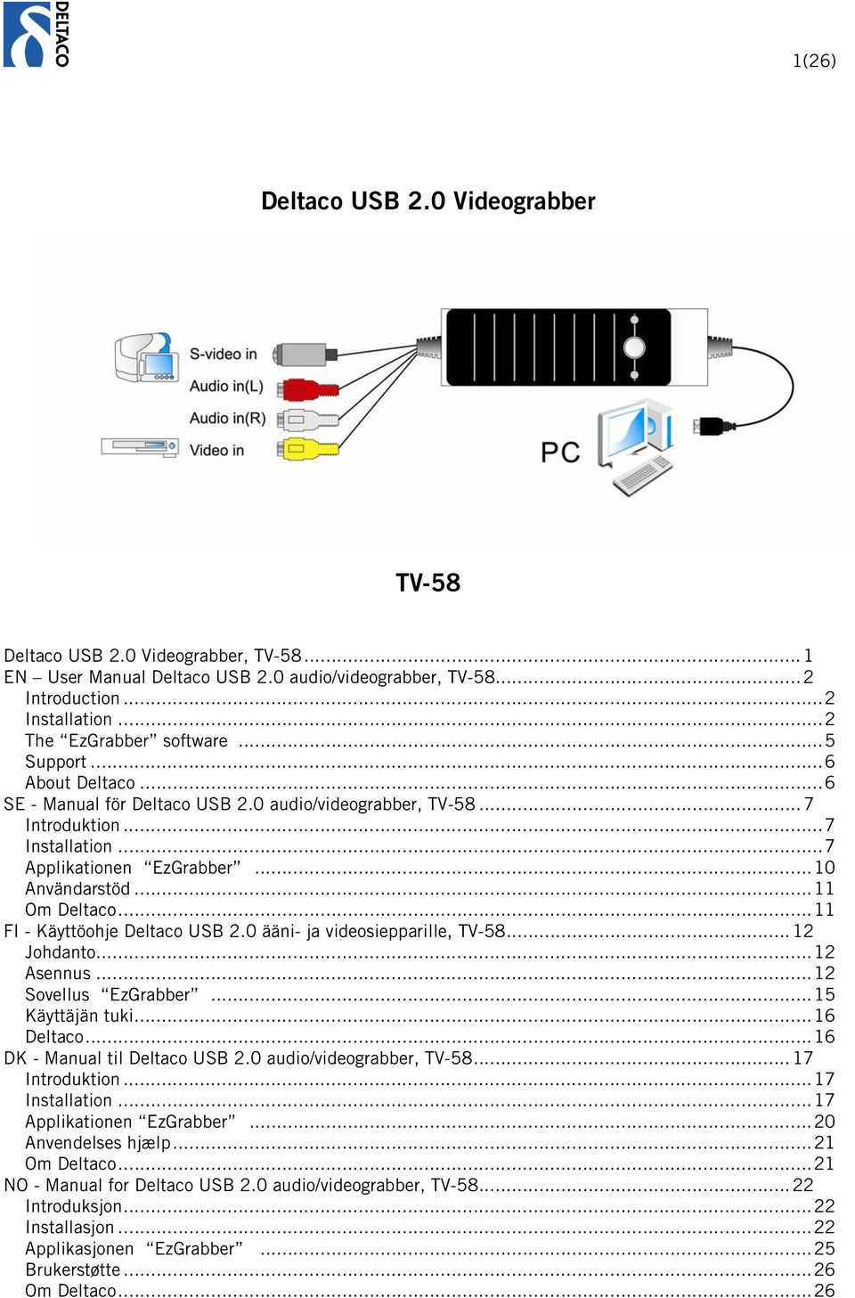 ..11 FI - Käyttöohje Deltaco USB 2.0 ääni- ja videosiepparille, TV-58...12 Johdanto...12 Asennus...12 Sovellus EzGrabber...15 Käyttäjän tuki...16 Deltaco...16 DK - Manual til Deltaco USB 2.