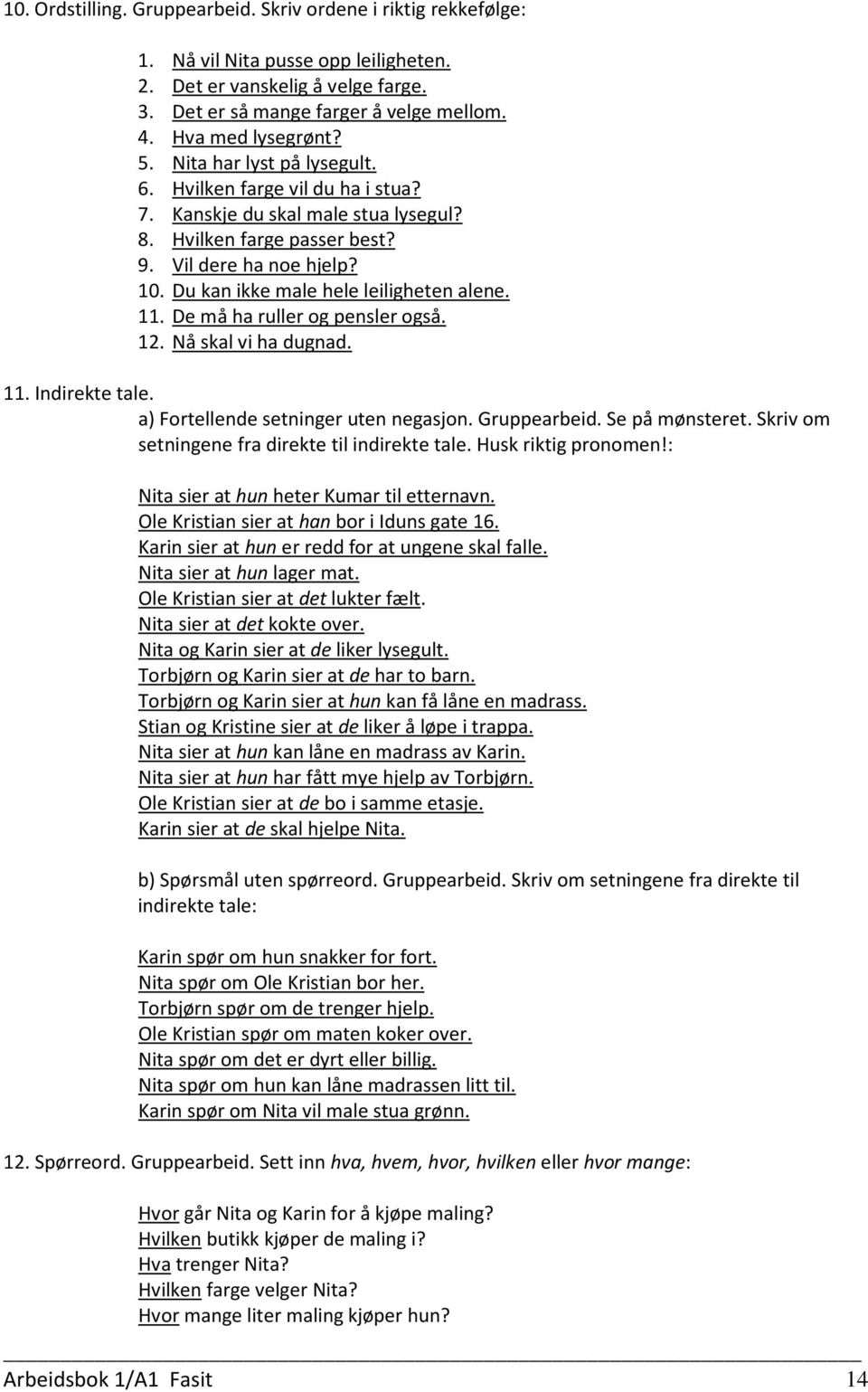 Du kan ikke male hele leiligheten alene. 11. De må ha ruller og pensler også. 12. Nå skal vi ha dugnad. 11. Indirekte tale. a) Fortellende setninger uten negasjon. Gruppearbeid. Se på mønsteret.