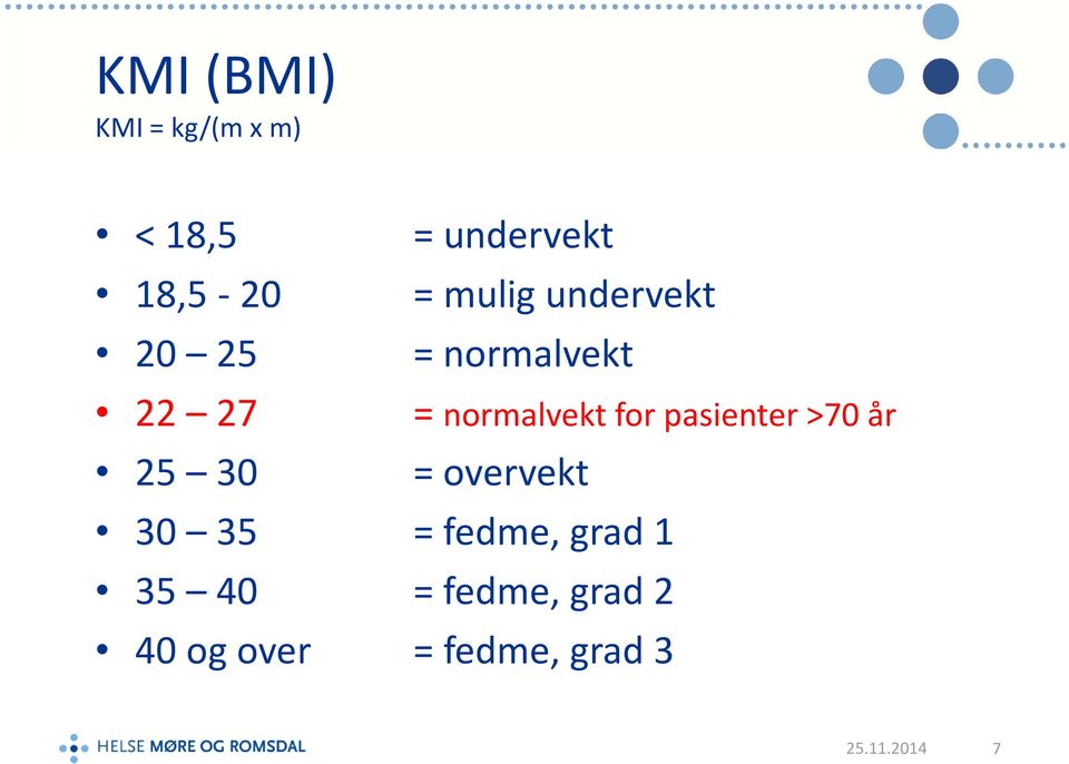 normalvekt for pasienter >70 år = overvekt 30 35 = fedme,