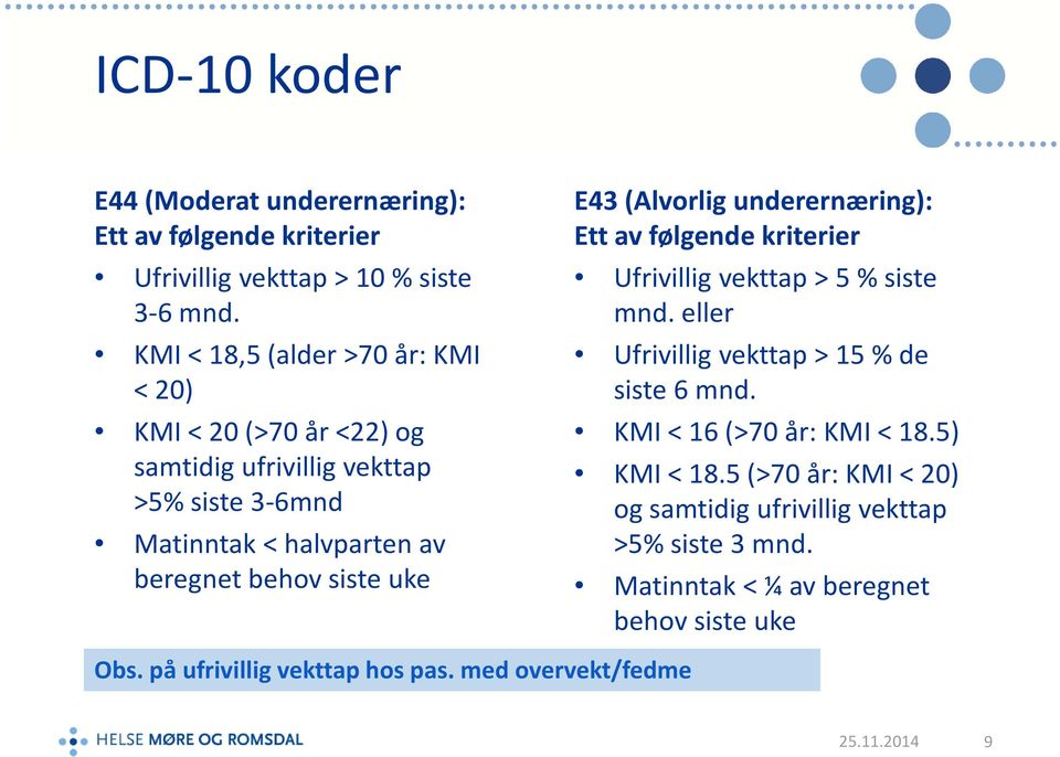 uke E43 (Alvorlig underernæring): Ett av følgende kriterier Ufrivillig vekttap > 5 % siste mnd. eller Ufrivillig vekttap > 15 % de siste 6 mnd.