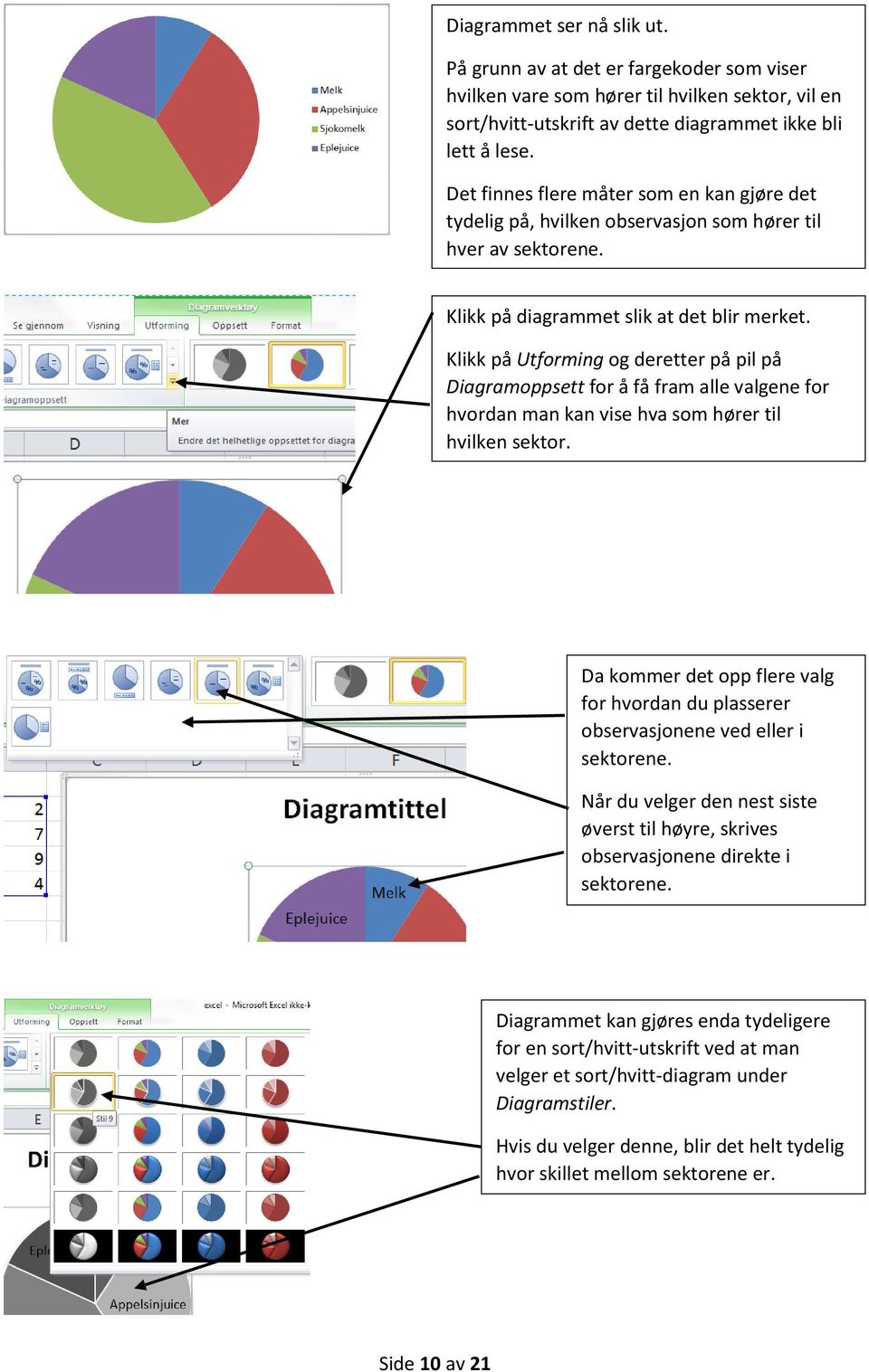 Klikk på Utforming og deretter på pil på Diagramoppsett for å få fram alle valgene for hvordan man kan vise hva som hører til hvilken sektor.