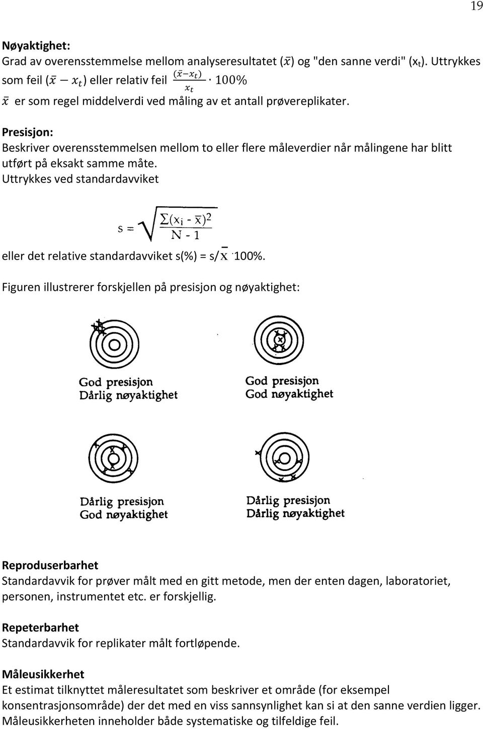 Uttrykkes ved standardavviket eller det relative standardavviket s(%) = s/x. 100%.