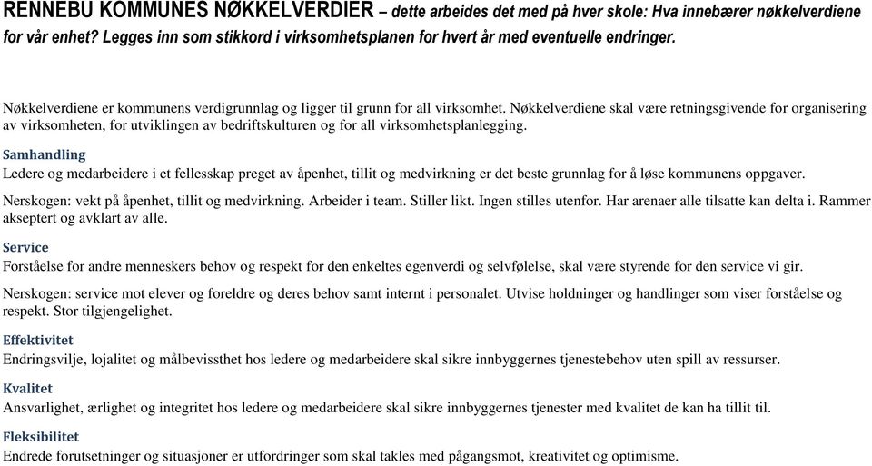 Nøkkelverdiene skal være retningsgivende for organisering av virksomheten, for utviklingen av bedriftskulturen og for all virksomhetsplanlegging.