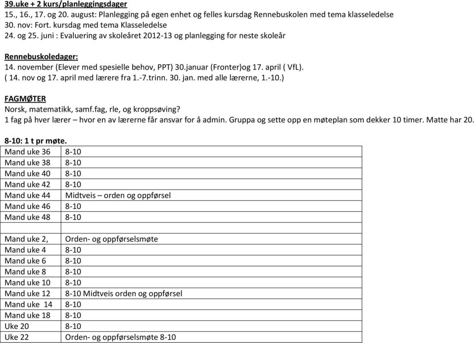 ) FAGMØTER Norsk, matematikk, samf.fag, rle, og kroppsøving? 1 fag på hver lærer hvor en av lærerne får ansvar for å admin. Gruppa og sette opp en møteplan som dekker 10 timer. Matte har 20.