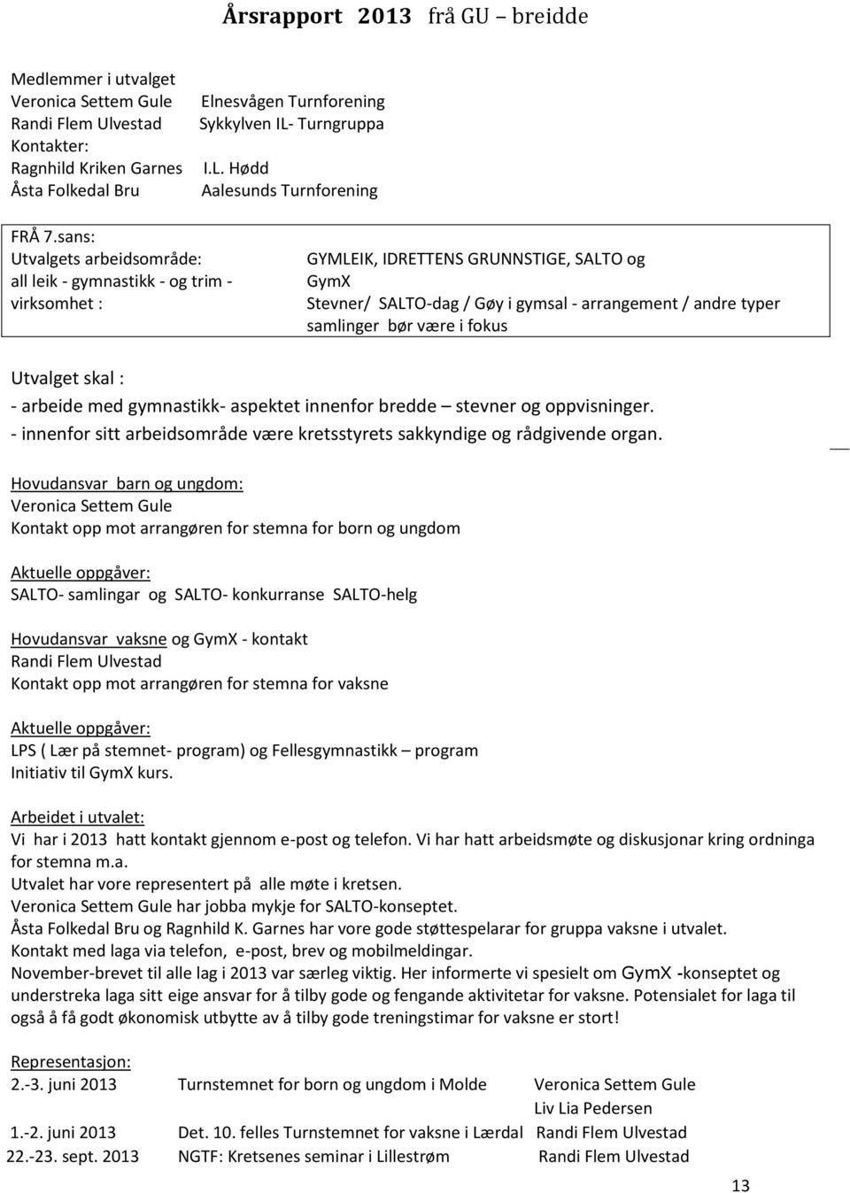 sans: Utvalgets arbeidsområde: all leik - gymnastikk - og trim - virksomhet : GYMLEIK, IDRETTENS GRUNNSTIGE, SALTO og GymX Stevner/ SALTO-dag / Gøy i gymsal - arrangement / andre typer samlinger bør