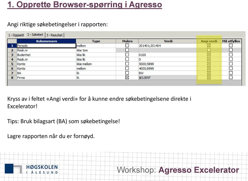 for å kunne endre søkebetingelsene direkte i Excelerator!