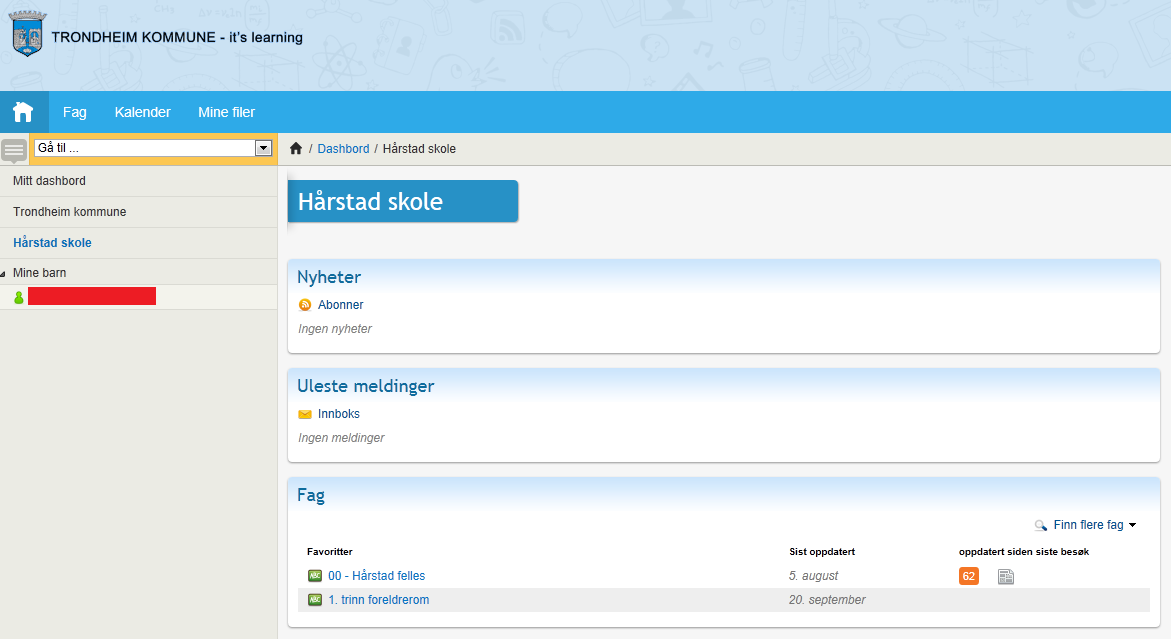 HVA FINNER DU SOM FORESATT PÅ ITSLEARNING? DASHBORD OG FAG Etter innlogging så vil du få frem Hårstad skole sitt Dashbord. På Dashbord får du også se oversikt over hvilke fag du er med i.