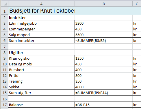 b) Bruk regnearket til å finne ut hvor mange kroner Knut regner med å ha i slutten av oktober?