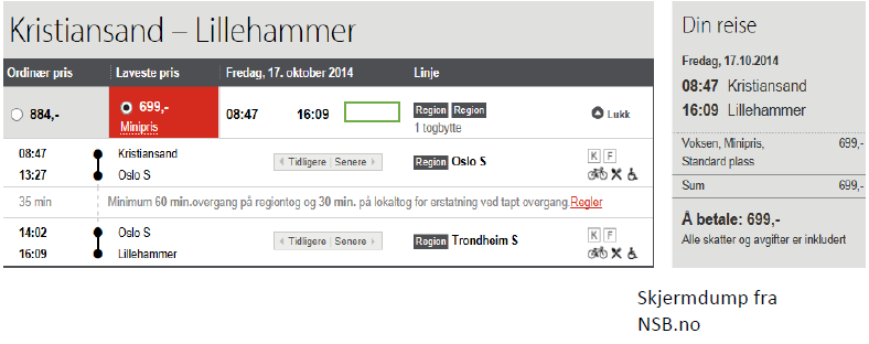 Oppgave 4 Anna skal reise med tog fra Kristiansand til Lillehammer. Hun bestiller reisen på nsb.no som vist nedenfor. a) Hvor lang er reisetiden fra Kristiansand til Lillehammer?