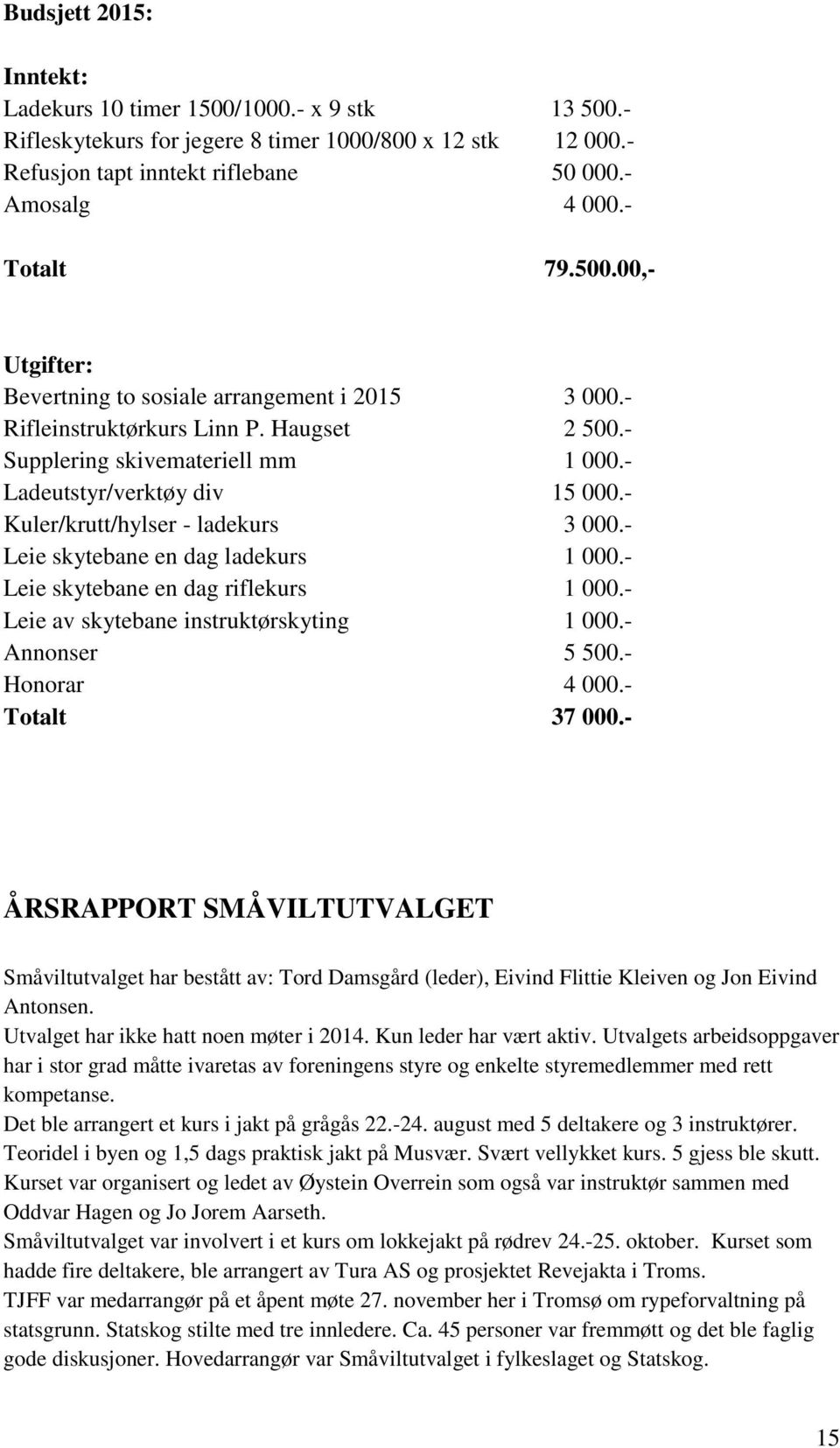 - Kuler/krutt/hylser - ladekurs 3 000.- Leie skytebane en dag ladekurs 1 000.- Leie skytebane en dag riflekurs 1 000.- Leie av skytebane instruktørskyting 1 000.- Annonser 5 500.- Honorar 4 000.