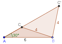 Både punktet C og D har avstanden 4 fra B. Punktet D er også en mulig plassering for punktet C. Det er dermed to trekanter som passer med opplysningene i oppgaven.