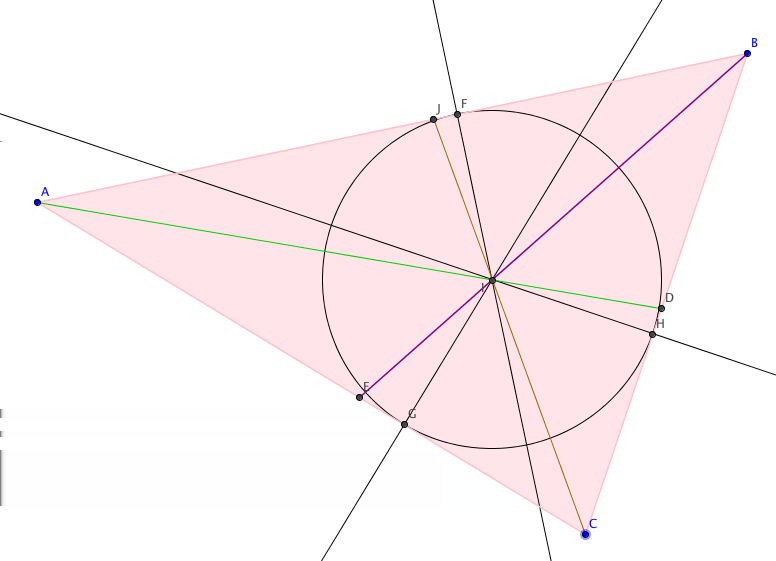 Figur 13: Skjæringspunkt I og med at IF = IG = IH kan vi konstruere en sirkel med sentrum i I med radius lik lengden IF. Da vet vi at IG = r og IH = r.