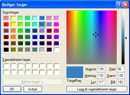 10 I dialogboksen får du denne koden for ein farge: For omforming til bruk i Classfronter må du rekna om kodane frå det desimale systemet til det heksadesimale systemet: Raud: 56 ti må skrivast om