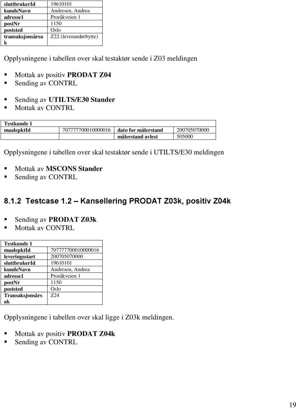 505000 Opplysningene i tabellen over skal testaktør sende i UTILTS/E30 meldingen Mottak av MSCONS Stander Sending av CONTRL 8.1.2 Testcase 1.