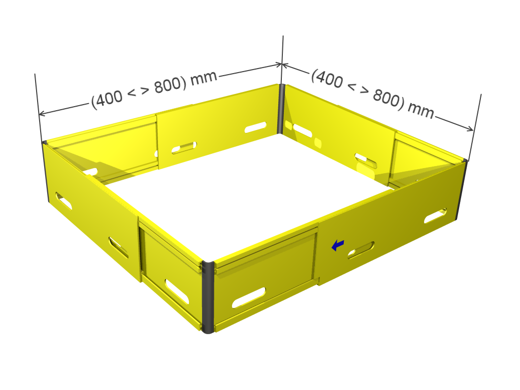 Ferdig sammensatt består Flexilisten av fire harde sider med to glideprofiler og fire myke hjørner/hengsler. Flexilistens fire harde sider er justerbar fra 400mm 800mm.