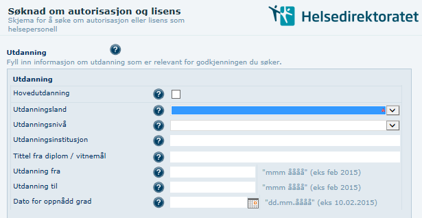 Utdanning Steg Handling Skjermbilde / referanse I dette skjermbildet angir du hvilke utdanninger du har gjennomført som er relevante for autorisasjonen eller lisensen du søker om.