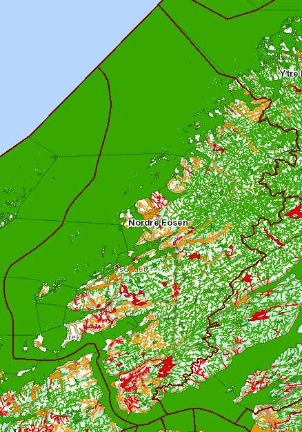 Figur 10: Oversiktskart over risikovurderingen i Nordre Fosen vannområde. Ingen risiko (grønt), mulig risiko (oransje) og risiko (rødt).