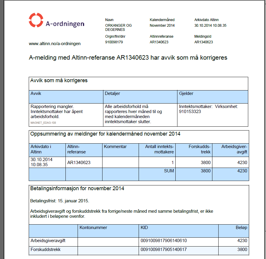 6.2 Tilbakemelding med avvik som må kontrolleres Denne type tilbakemelding behøver ikke bety at det er gjort noe feil ved rapporteringen.