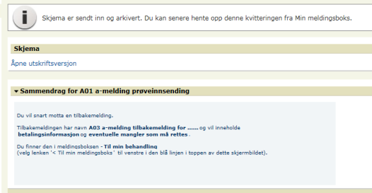 12 Innsending Når du har kontrollert meldingen (og rettet eventuelle feil), vil knappen "Videre til innsending" bli aktiv. Når du har klikket på denne knappen, kommer du til siden for innsending.