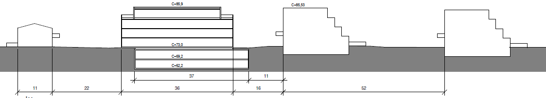 Snitt-tegning som viser forhold mellom ny boligblokk og eksisterende terrassebygg og rekkehus. Utearealer Det er avsatt totalt 6 640 m 2 til uterom mellom og rundt de nye blokkene.