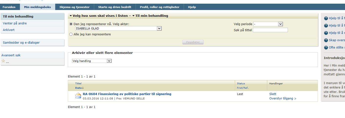 Derfor er det føremålstenleg at nr. 2 ventar 10 til 30 minutt etter at e-posten har blitt teken imot, før han/ho loggar seg på Altinn for å fullføre signering og innsending. Nr.