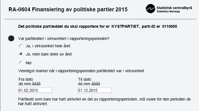 SSB, Partifinansiering rapport for 2015, 04.04.2016, s. 12 Nr. 2 er ferdig og kan logge ut. Den som fylte ut skjemaet, har oversikt over signeringsstatus.