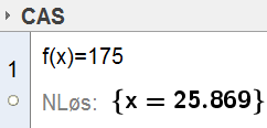 Skriv i inntastingsfeltet: y = 175 og trykk Enter. Finn skjæringspunktet mellom denne linja og grafen til f.