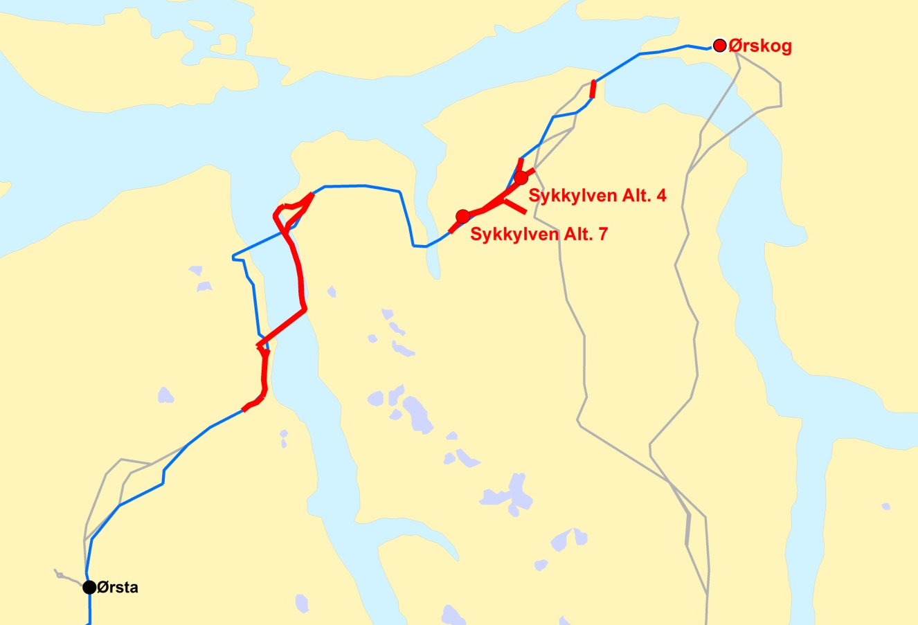 Figur 1. Kartskisse som viser nye omsøkte løsninger mellom Ørskog og Ørsta transformatorstasjoner.