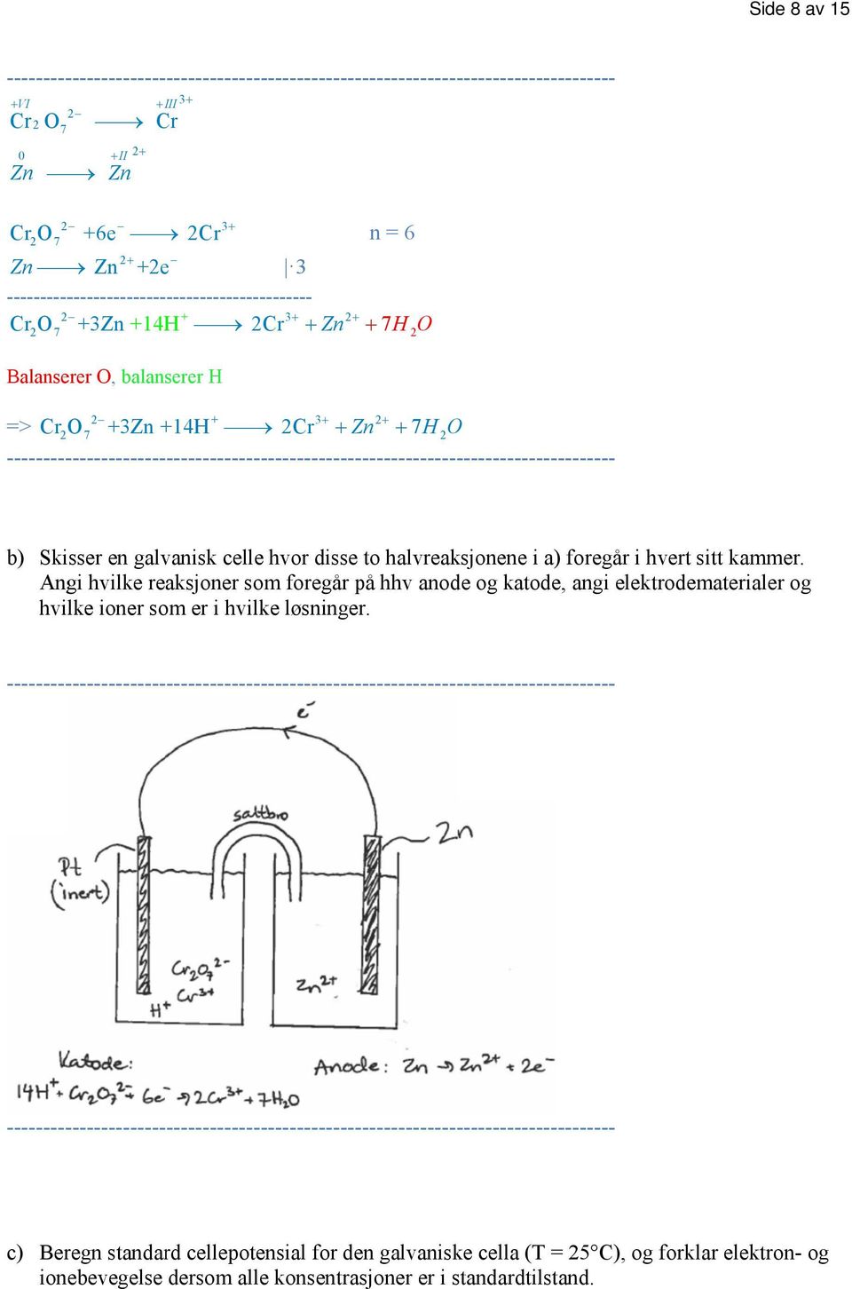i hvert sitt kammer. Angi hvilke reaksjoner som foregår på hhv anode og katode, angi elektrodematerialer og hvilke ioner som er i hvilke løsninger.