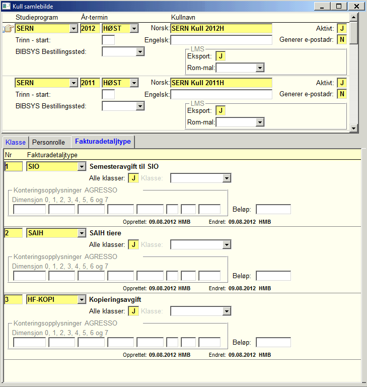 3. Koble fakturadetaljer til Kull og klasse Grunnlag for hva studentene skal faktureres for registreres i Bilde Kull Samlebilde, Underbilde fakturadetaljtype.