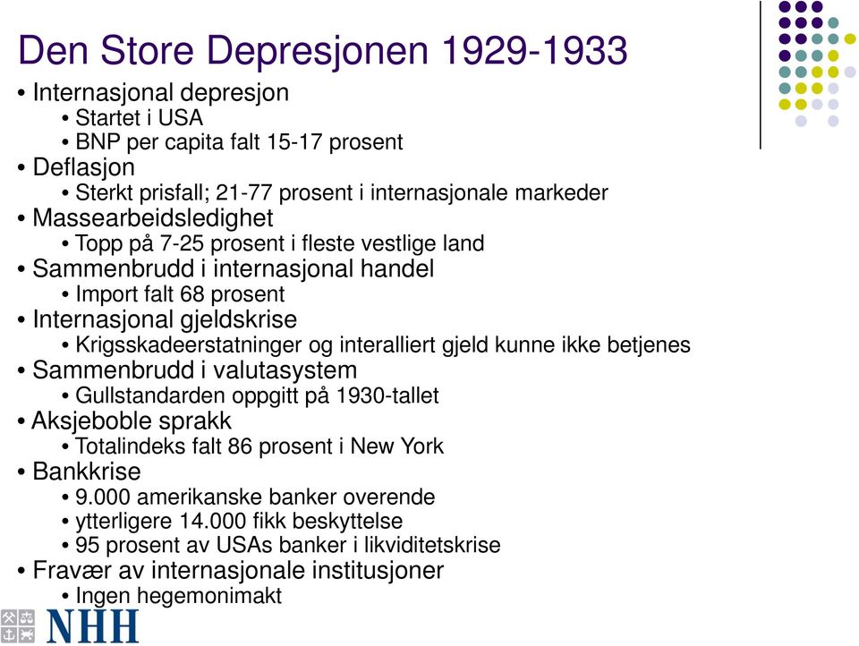 og interalliert gjeld kunne ikke betjenes Sammenbrudd i valutasystem Gullstandarden oppgitt på 1930-tallet Aksjeboble sprakk Totalindeks falt 86 prosent i New York