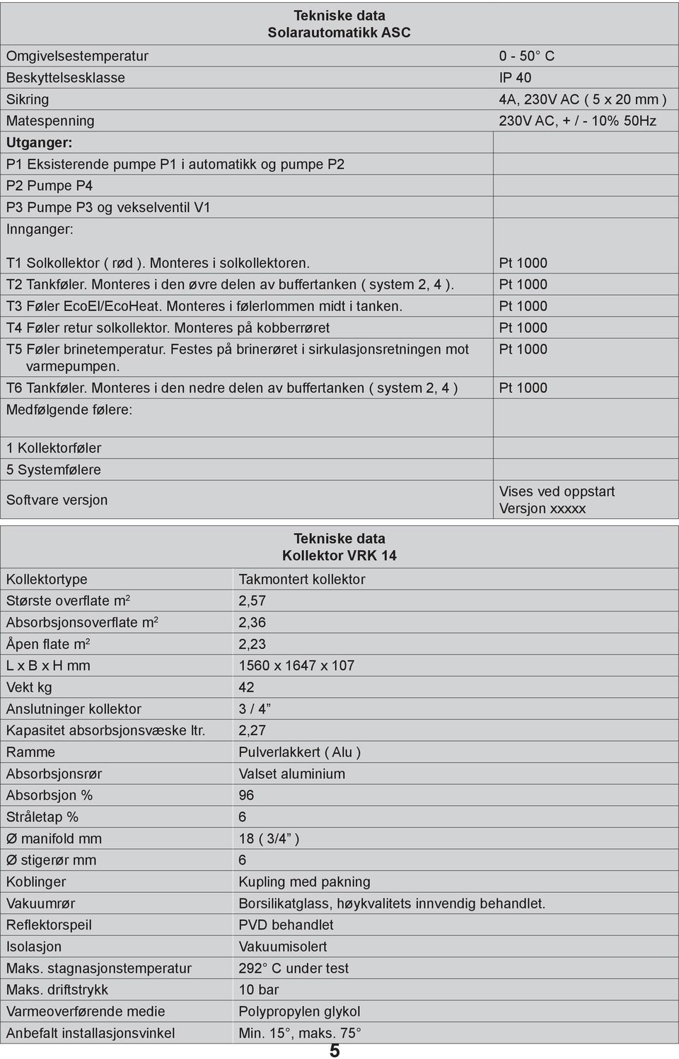 Pt 1000 T3 Føler EcoEl/EcoHeat. Monteres i følerlommen midt i tanken. Pt 1000 T4 Føler retur solkollektor. Monteres på kobberrøret Pt 1000 T5 Føler brinetemperatur.