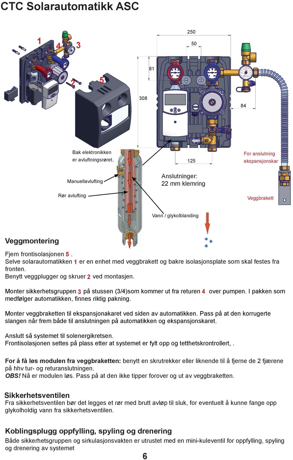 Selve solarautomatikken 1 er en enhet med veggbrakett og bakre isolasjonsplate som skal festes fra fronten. Benytt veggplugger og skruer 2 ved montasjen.